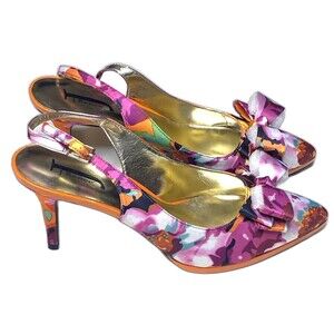 J Renee Avlynn JJ Heels Floral Satin Slingback Bow Pointed Pumps Size 11 Pink